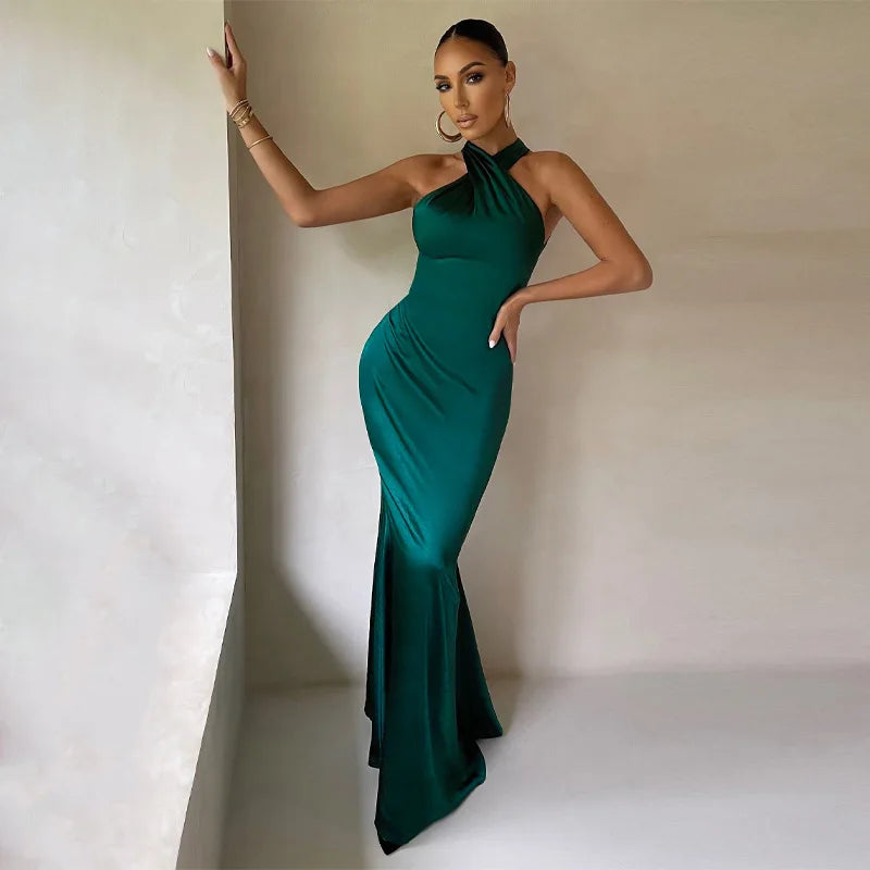 Sleeveless Cross Halter Backless Bodycon  Elegant Party Club Evening  Maxi Dress Women Mssaz Desses