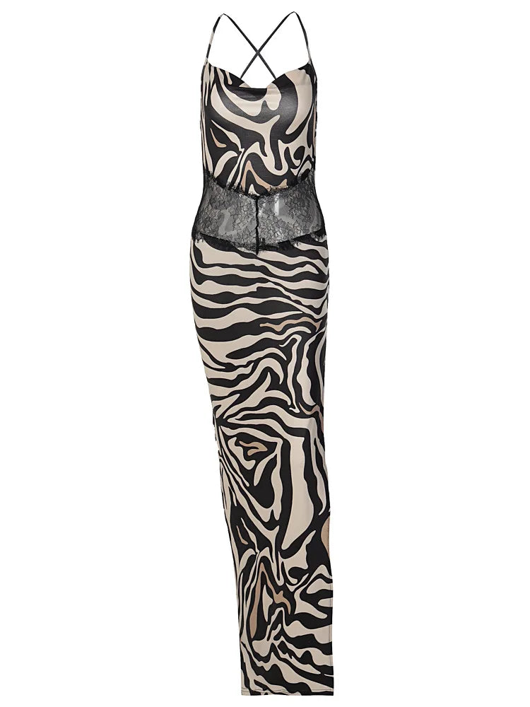 Zebra Print Side Slit Patchwork Backless  Party Club   Maxi Dress Women Mssaz Desses