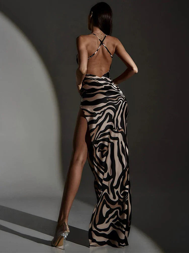 Zebra Print Side Slit Patchwork Backless  Party Club   Maxi Dress Women Mssaz Desses