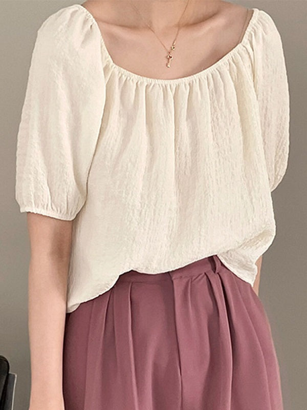 Elastic Shoulder Pleats Puff Sleeve Casual Blouse Mssza