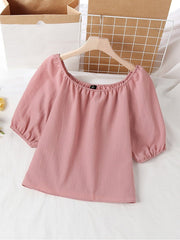 Elastic Shoulder Pleats Puff Sleeve Casual Blouse Mssza