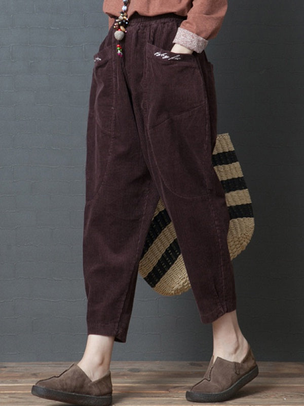 Elastic Waist Pocket Corduroy Pants Mssza
