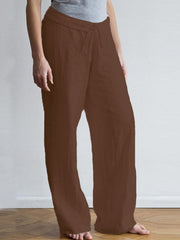 Elastic Waist Pockets Long Cotton Wide Leg Pants Mssza