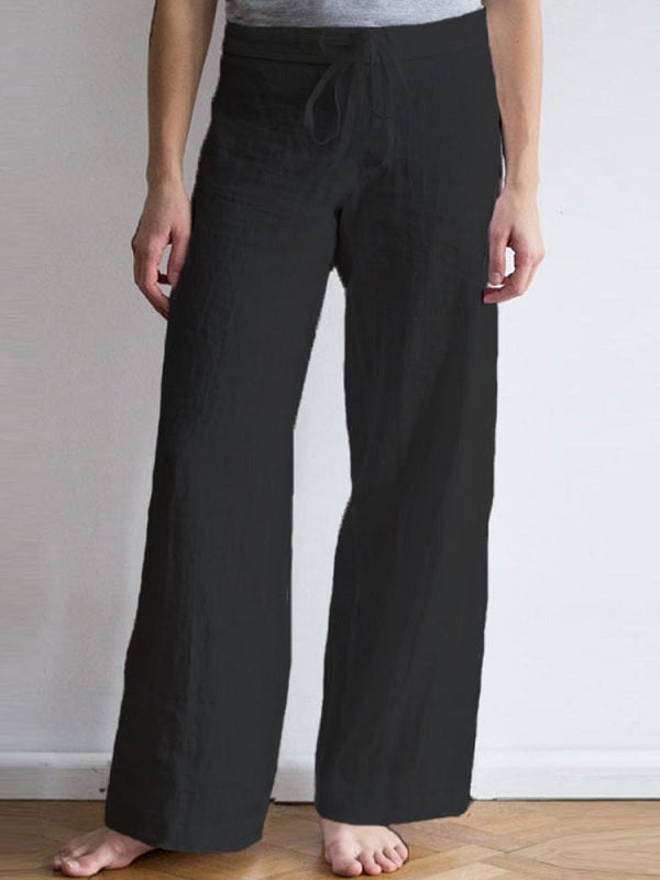 Elastic Waist Pockets Long Cotton Wide Leg Pants Mssza