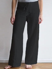 Elastic Waist Pockets Long Cotton Wide Leg Pants Mssza