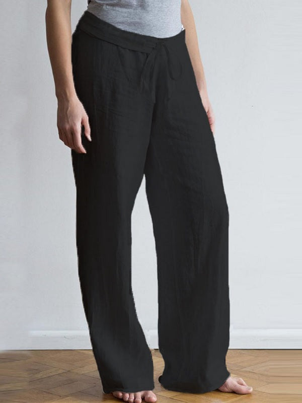 Elastic Waist Pockets Long Cotton Wide Leg Pants Mssza