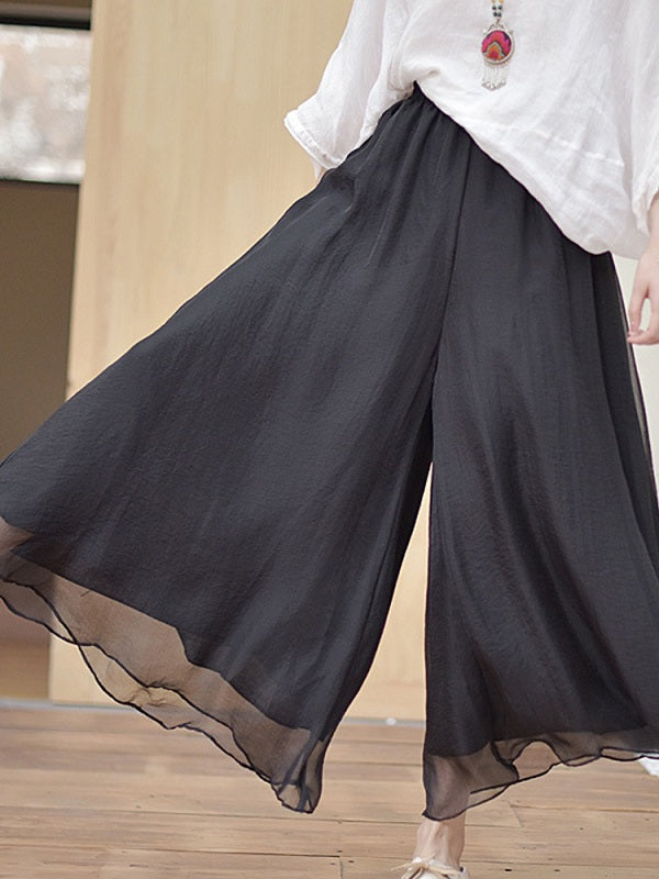 Elastic Waist Solid Color Loose Wide Leg Pant Mssza