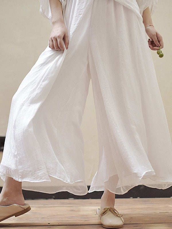 Elastic Waist Solid Color Loose Wide Leg Pant Mssza