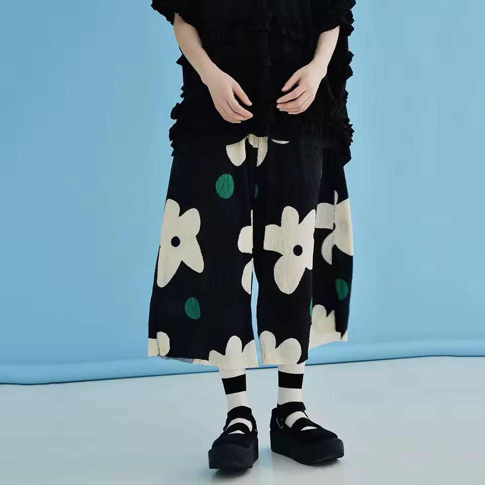 Elasticated Waist Thin Style Cropped Wave Dot Printed Nine Cropped Pants Mssza