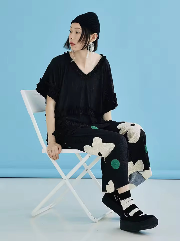 Elasticated Waist Thin Style Cropped Wave Dot Printed Nine Cropped Pants Mssza