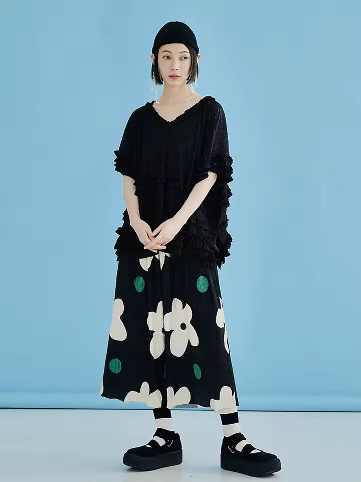Elasticated Waist Thin Style Cropped Wave Dot Printed Nine Cropped Pants Mssza