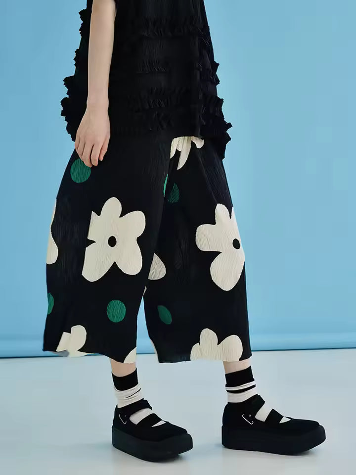 Elasticated Waist Thin Style Cropped Wave Dot Printed Nine Cropped Pants Mssza