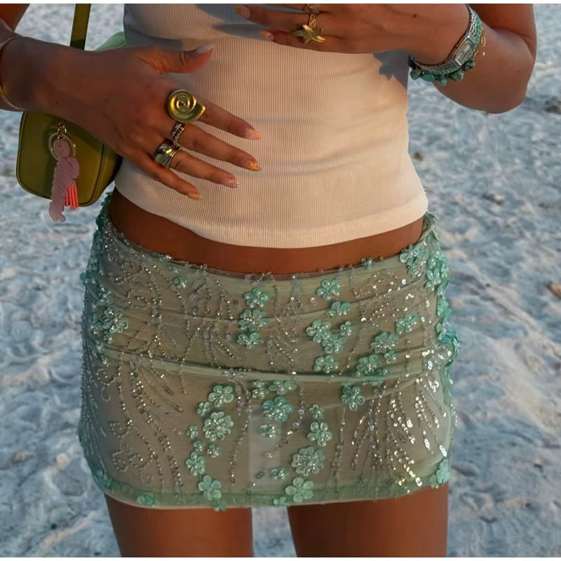 Elegan Sequin Bead Print Solid Lace Up Flower Slim Straight Mini Skirt Mssza