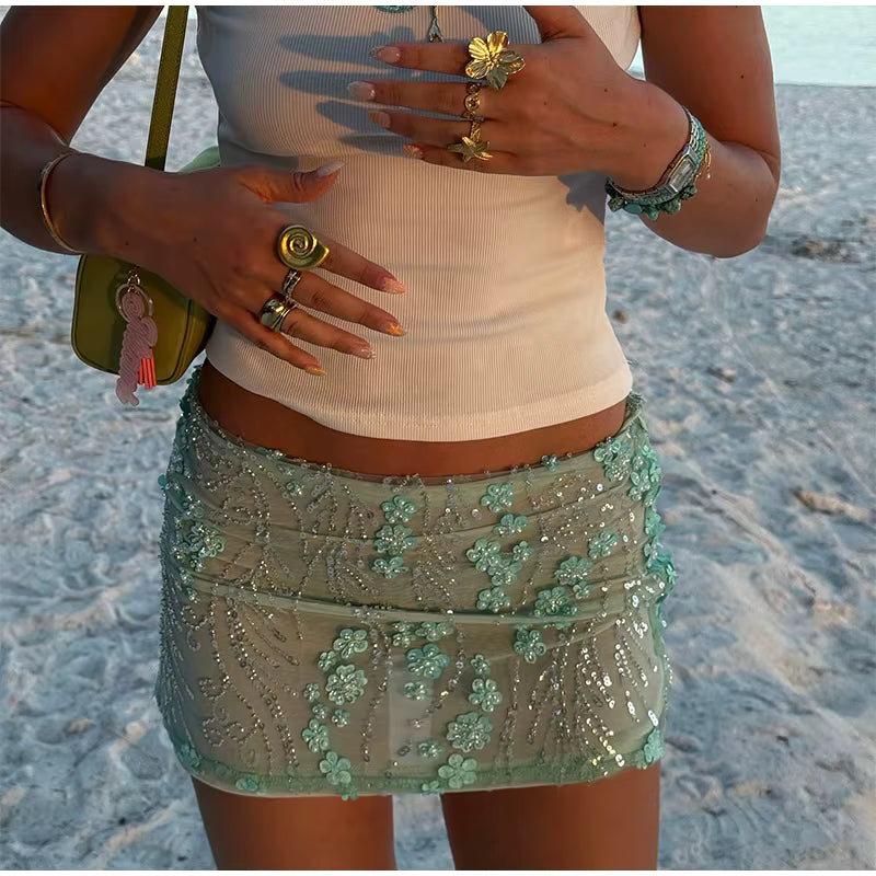 Elegan Sequin Bead Print Solid Lace Up Flower Slim Straight Mini Skirt Mssza