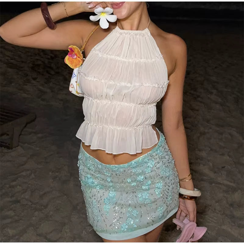 Elegan Sequin Bead Print Solid Lace Up Flower Slim Straight Mini Skirt Mssza
