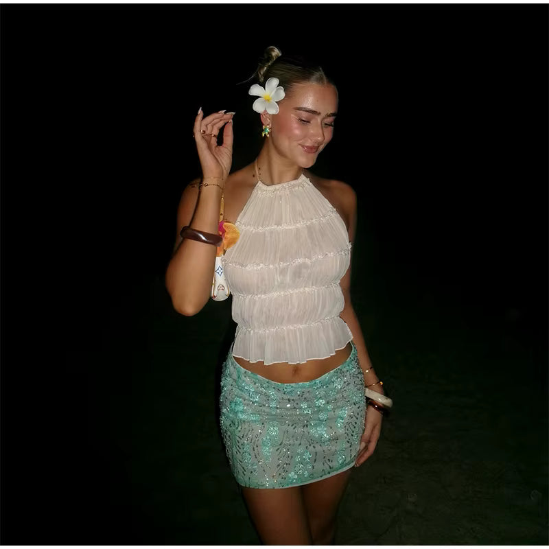 Elegan Sequin Bead Print Solid Lace Up Flower Slim Straight Mini Skirt Mssza