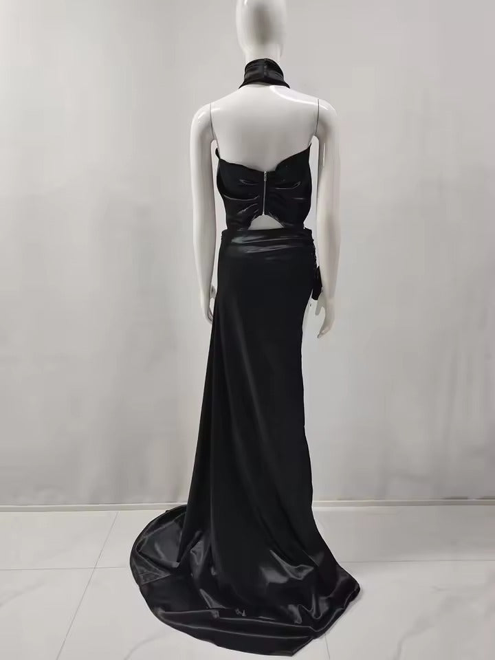 Elegant 3D Flower Halter Crop Top And Long High Slit Skirt Two Piece Set Mssza