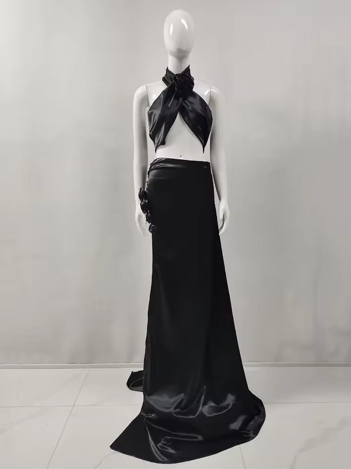 Elegant 3D Flower Halter Crop Top And Long High Slit Skirt Two Piece Set Mssza