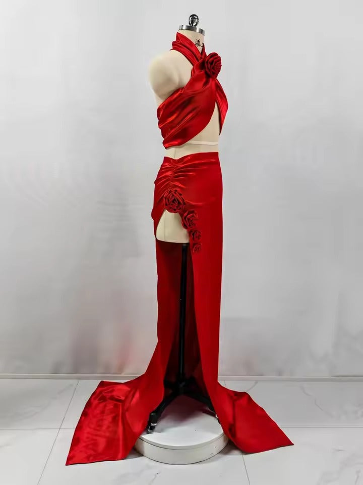 Elegant 3D Flower Halter Crop Top And Long High Slit Skirt Two Piece Set Mssza