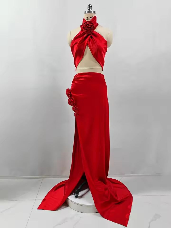 Elegant 3D Flower Halter Crop Top And Long High Slit Skirt Two Piece Set Mssza