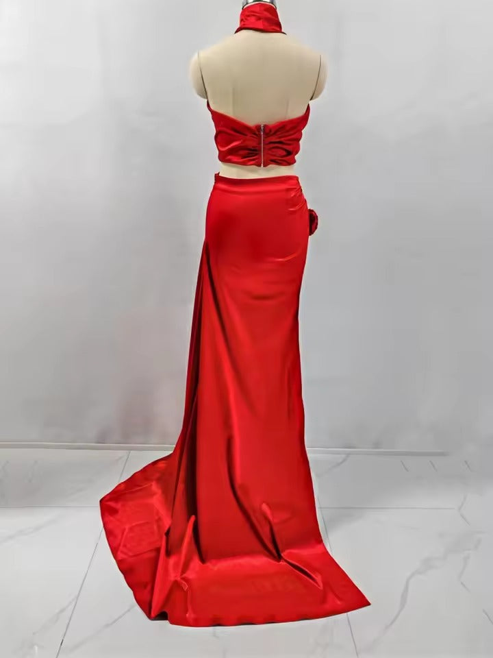 Elegant 3D Flower Halter Crop Top And Long High Slit Skirt Two Piece Set Mssza