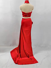 Elegant 3D Flower Halter Crop Top And Long High Slit Skirt Two Piece Set Mssza