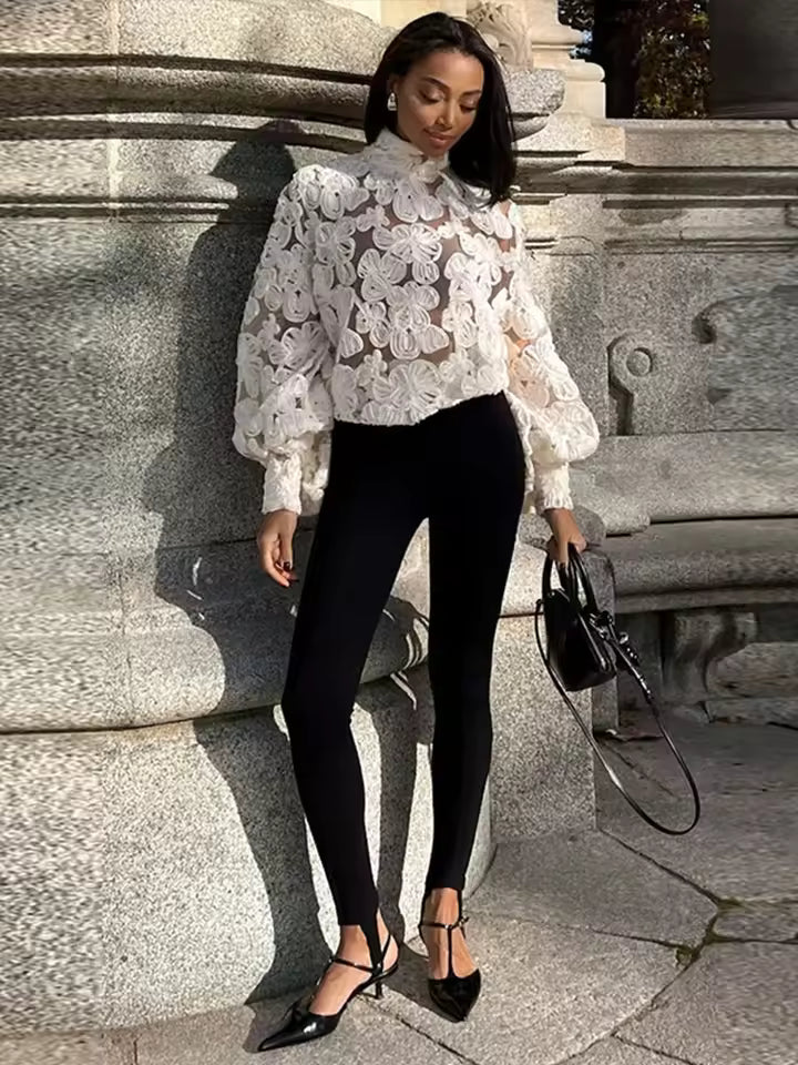 Elegant 3D Flower Lantern Long Sleeve Patchwork Mesh Shirts Mssza