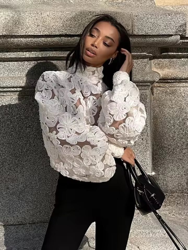 Elegant 3D Flower Lantern Long Sleeve Patchwork Mesh Shirts Mssza