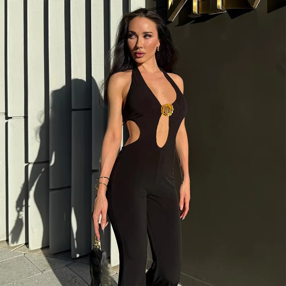 Elegant 3D Flower Trim Halter Lace Up Backless Cut Out Jumpsuits Mssza