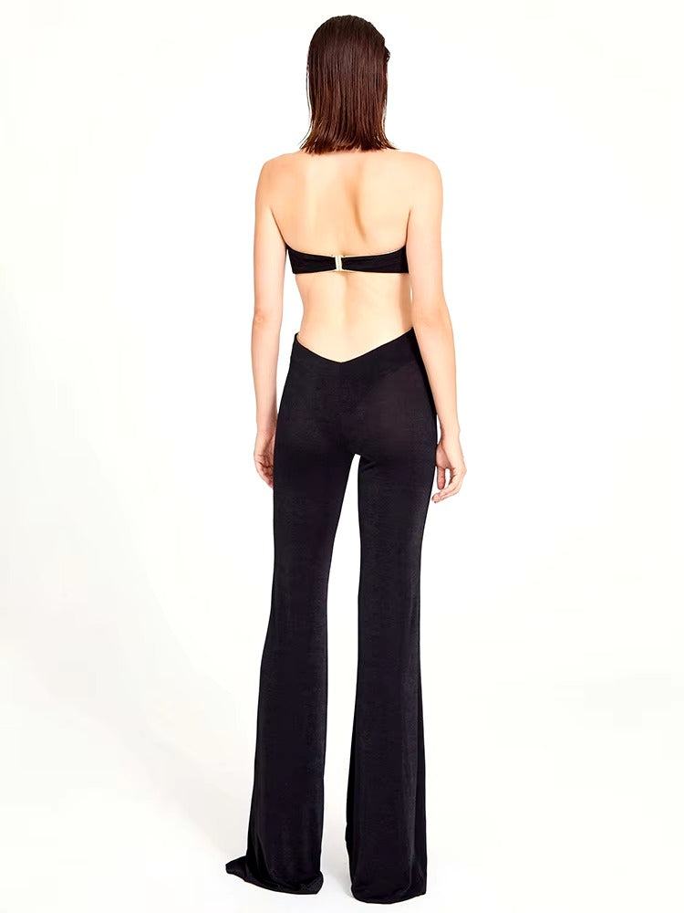 Elegant 3D Stero Flower Details Key Hole Halter Backless Hollow Out Cocktail Party Jumpsuit Mssza