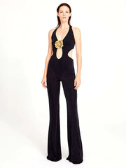 Elegant 3D Stero Flower Details Key Hole Halter Backless Hollow Out Cocktail Party Jumpsuit Mssza