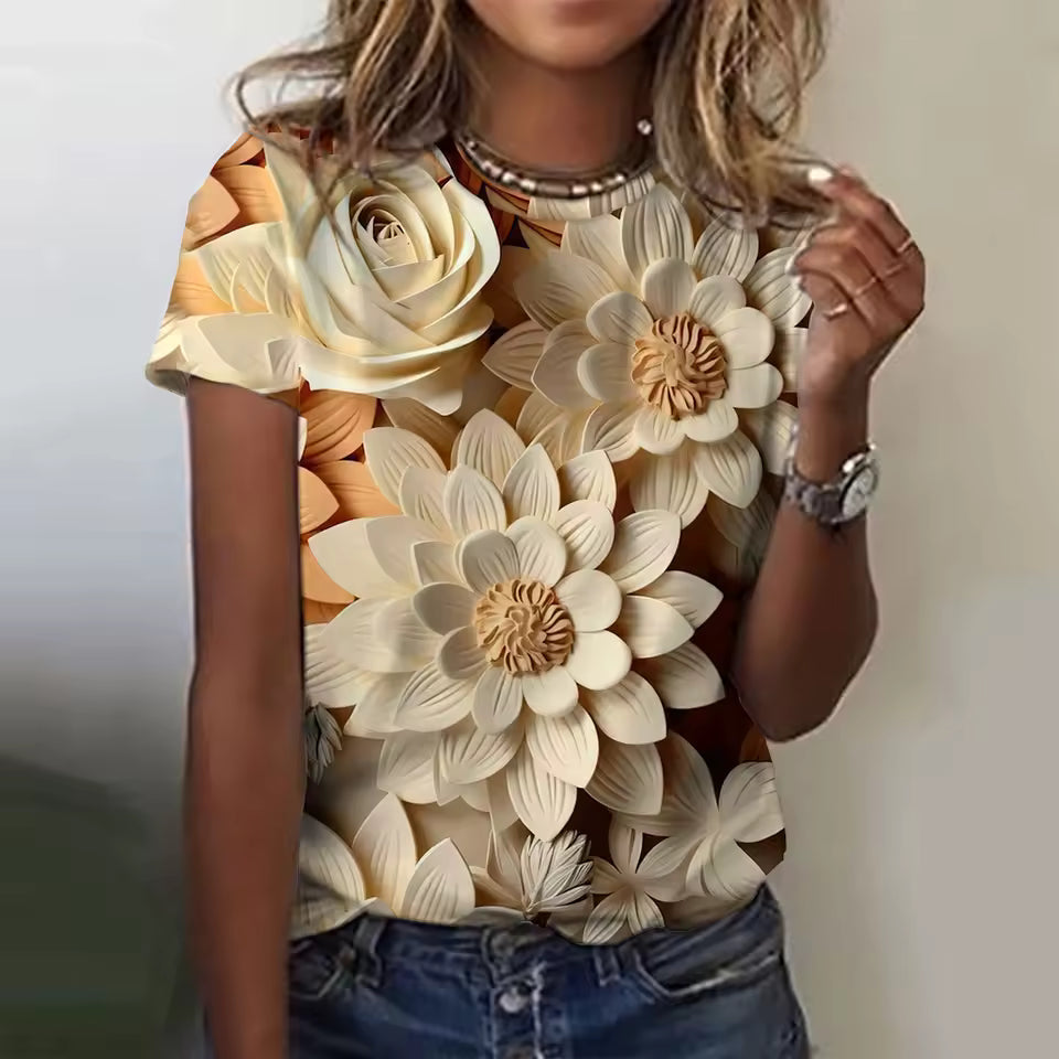Elegant 3d Floral Printing High Stretch Tees T-Shirts Mssza