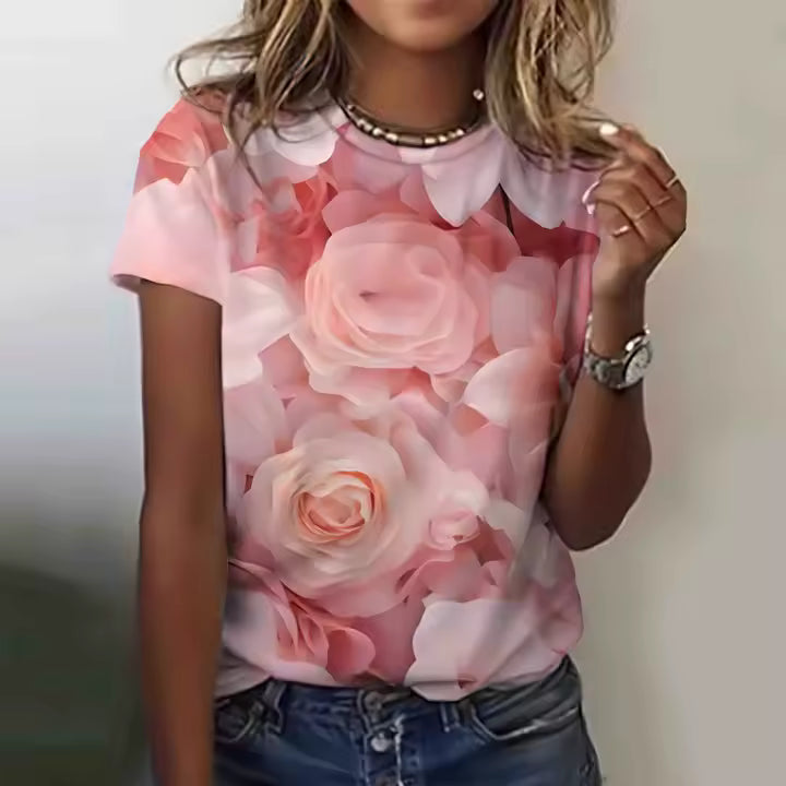 Elegant 3d Floral Printing O-Neck High Stretch Tees T-Shirts Mssza