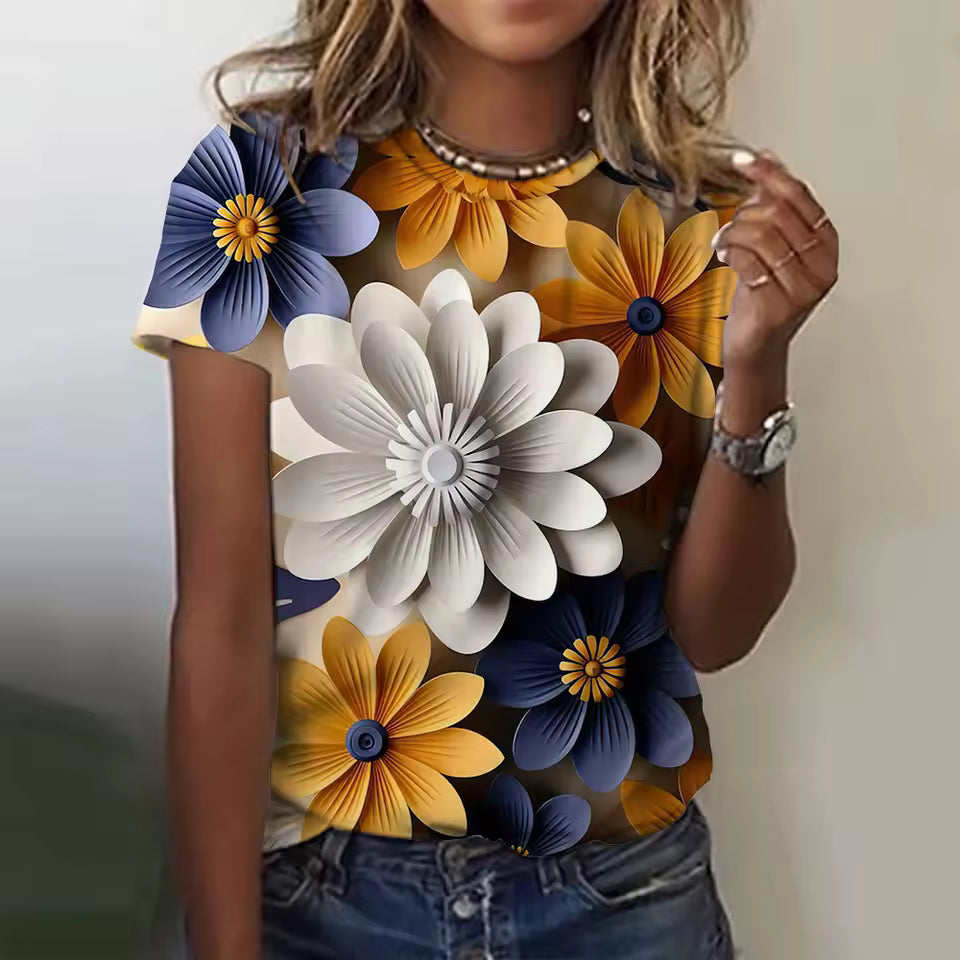 Elegant 3d Floral Printing O-Neck Short Sleeve Tees T-Shirts Mssza