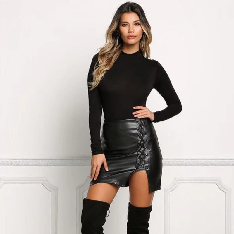 Elegant Above Knee PU Leather Split Slight Stretch Mini Skirts Mssza