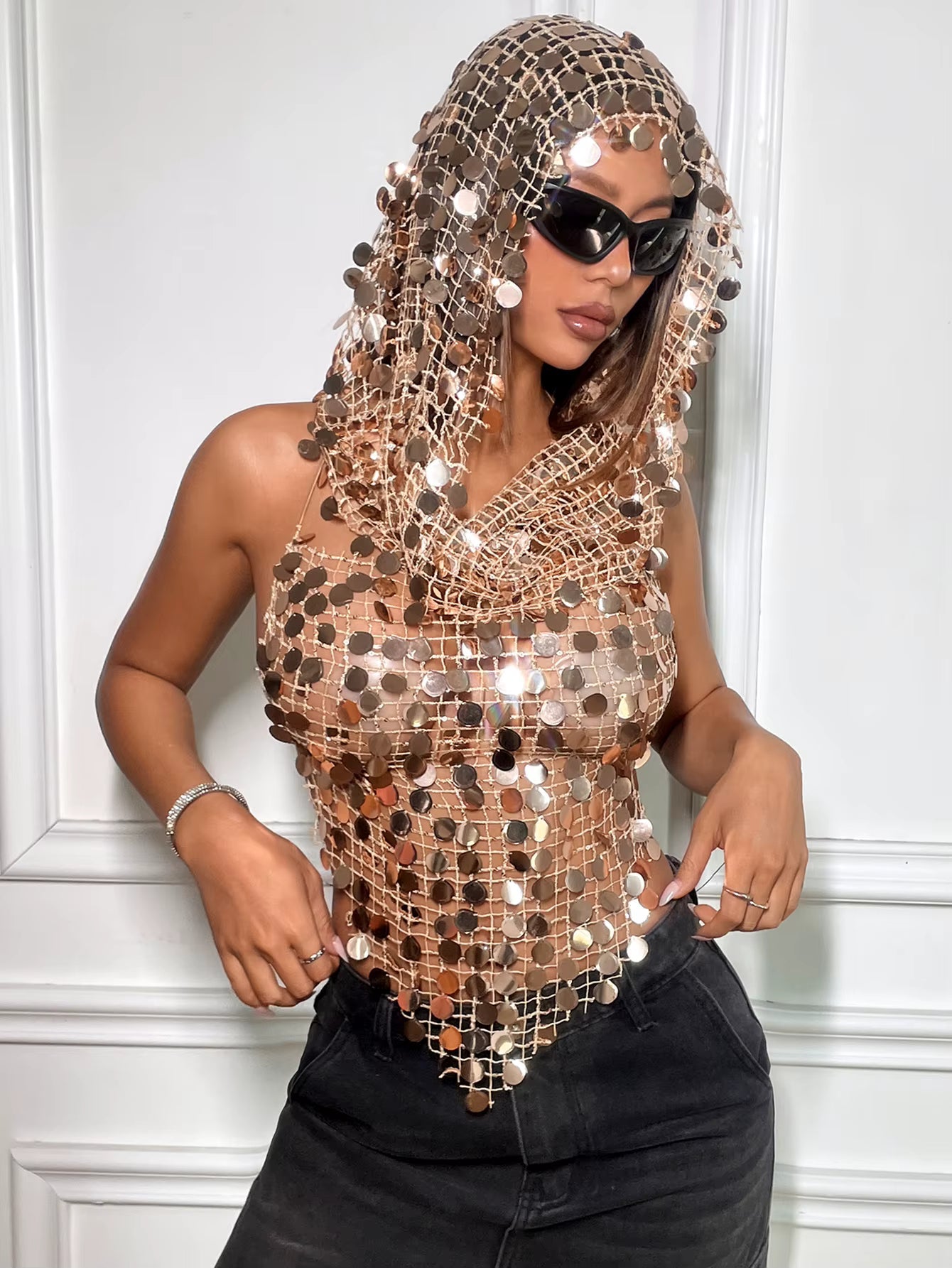 Elegant Acrylic Sequins Hollow Out See Through Backless Tank Top Mssza