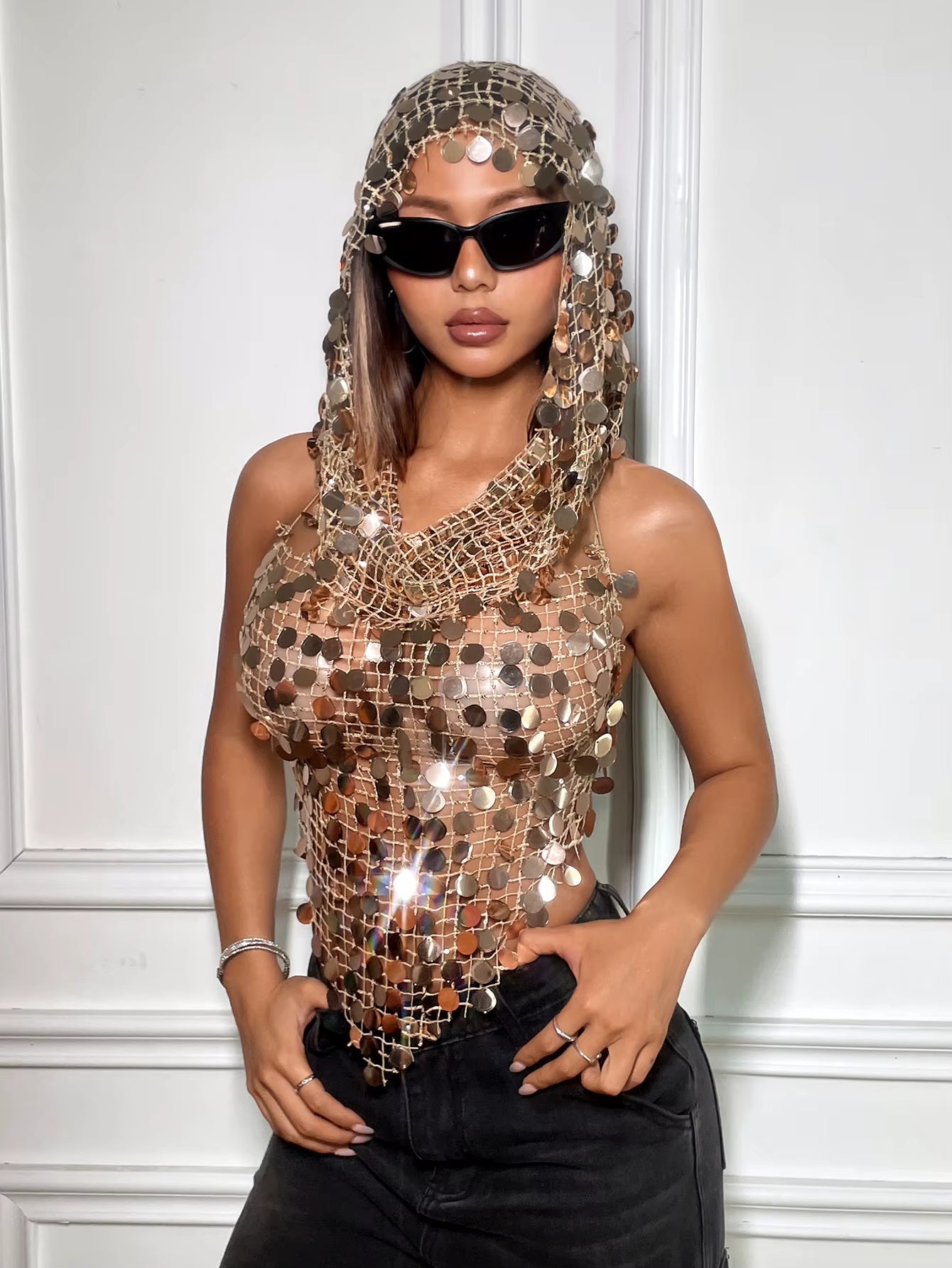 Elegant Acrylic Sequins Hollow Out See Through Backless Tank Top Mssza
