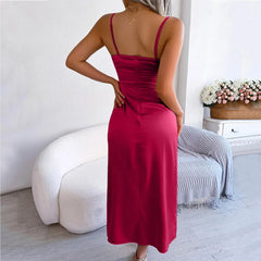 Split Sun Sleeveless Low Neck Satin  Open Back Strap Vestidos Midi Dress Mssaz Desses