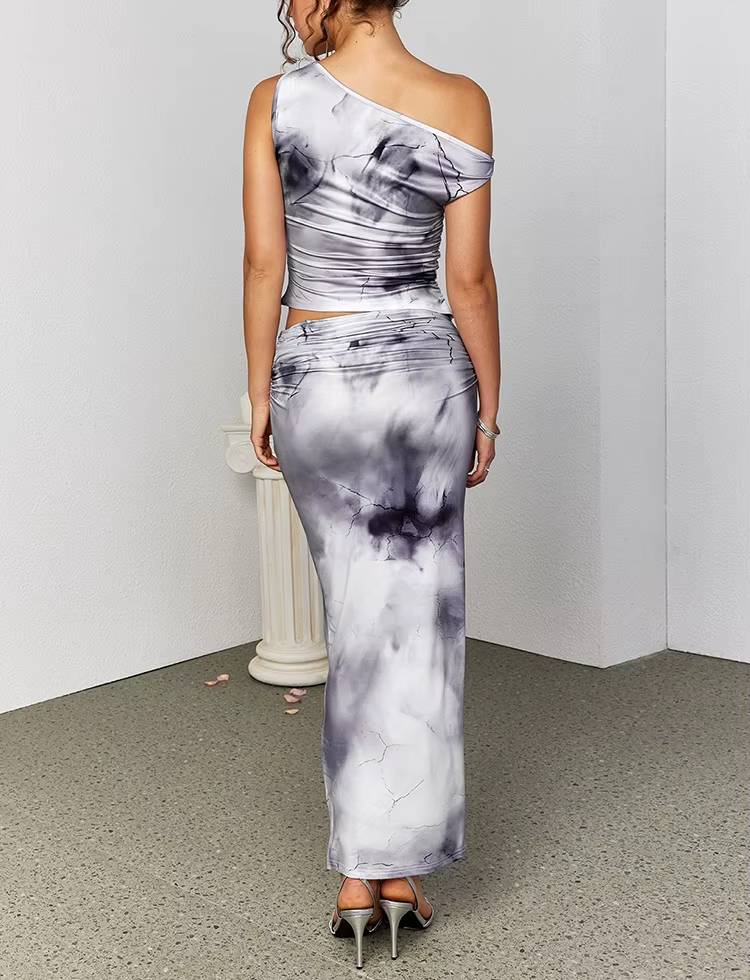 Elegant Asymmetric Neck Print Tank Top And Side Slit Long Skirt 2 Piece Set Mssza