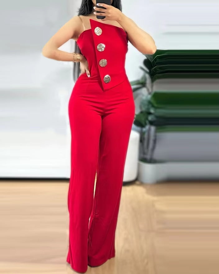 Elegant Asymmetrical Bandeau Strapless Metal Button Decor Casual Long Jumpsuits Mssza