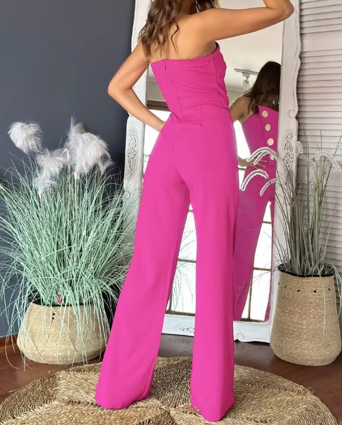 Elegant Asymmetrical Bandeau Strapless Metal Button Decor Casual Long Jumpsuits Mssza