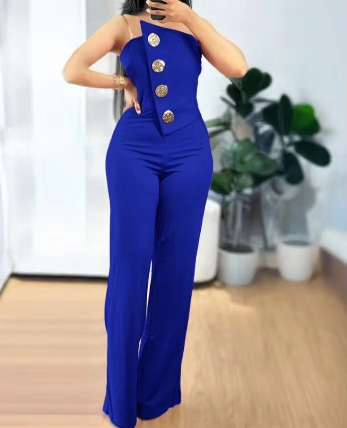 Elegant Asymmetrical Bandeau Strapless Metal Button Decor Casual Long Jumpsuits Mssza