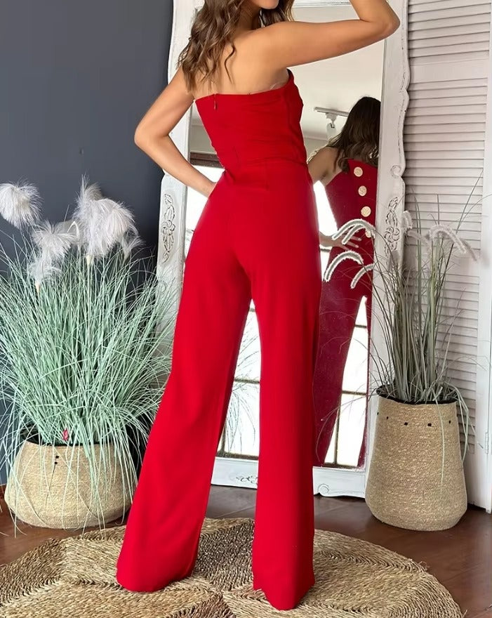 Elegant Asymmetrical Bandeau Strapless Metal Button Decor Casual Long Jumpsuits Mssza