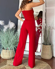 Elegant Asymmetrical Bandeau Strapless Metal Button Decor Casual Long Jumpsuits Mssza