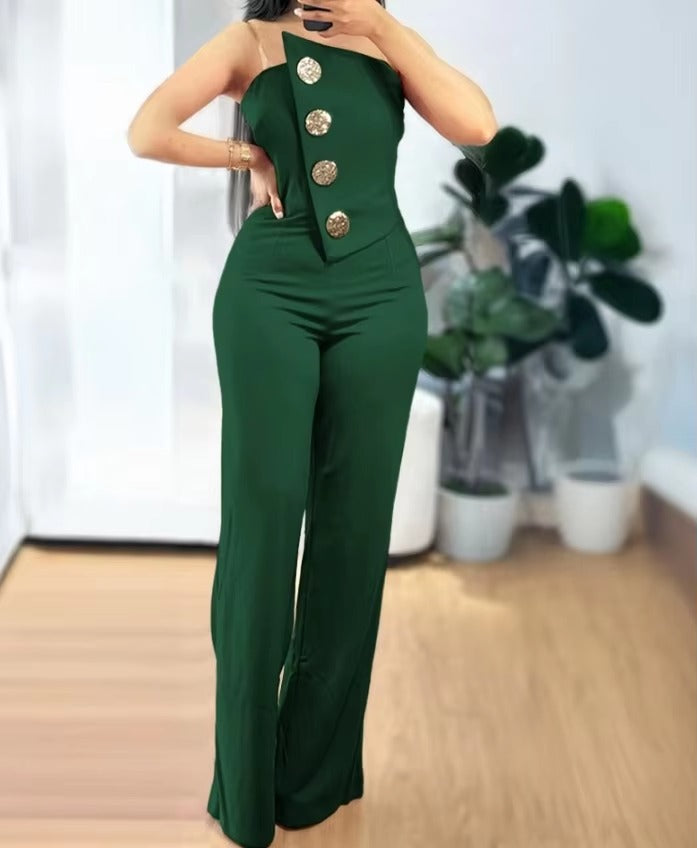 Elegant Asymmetrical Bandeau Strapless Metal Button Decor Casual Long Jumpsuits Mssza