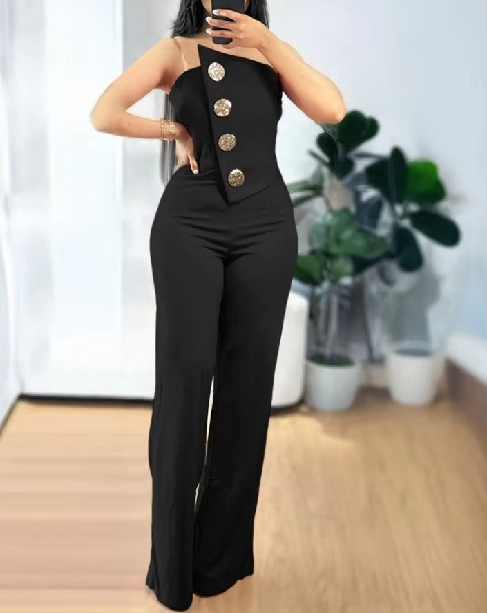 Elegant Asymmetrical Bandeau Strapless Metal Button Decor Casual Long Jumpsuits Mssza