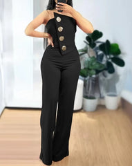 Elegant Asymmetrical Bandeau Strapless Metal Button Decor Casual Long Jumpsuits Mssza