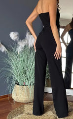 Elegant Asymmetrical Bandeau Strapless Metal Button Decor Casual Long Jumpsuits Mssza