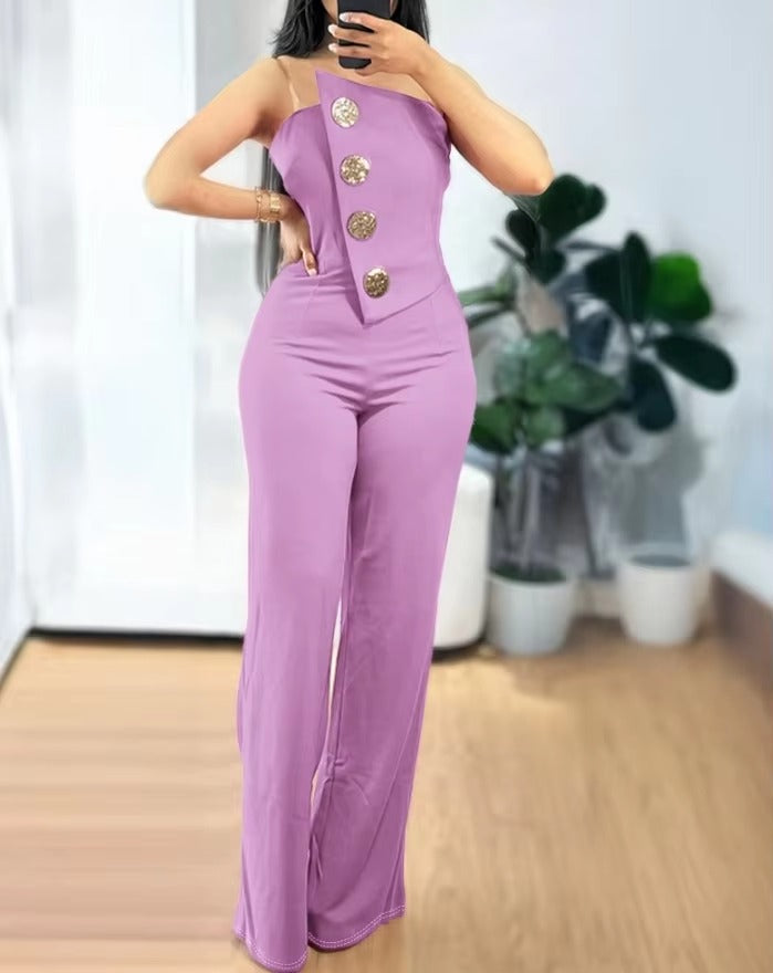 Elegant Asymmetrical Bandeau Strapless Metal Button Decor Casual Long Jumpsuits Mssza