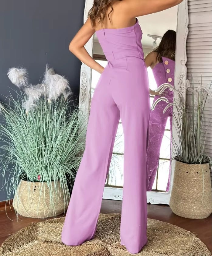 Elegant Asymmetrical Bandeau Strapless Metal Button Decor Casual Long Jumpsuits Mssza